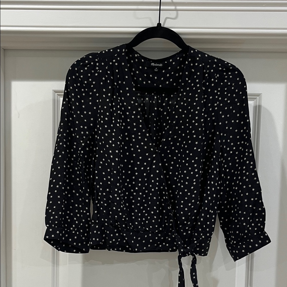 Madewell Black & White Star Print Silk Wrap Blouse